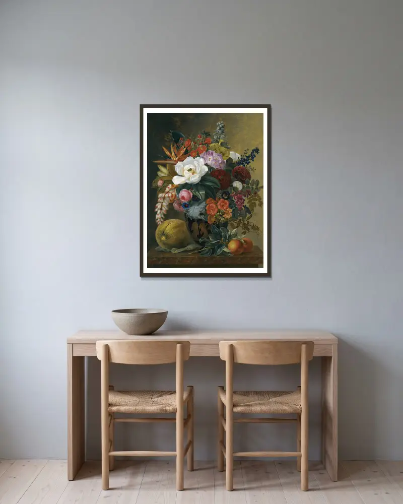 Exotiska blommor i en grekisk krater med frukt på en marmorhylla av Johan Laurentz Jensen inramad på en vägg
