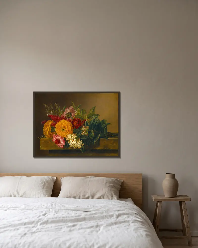 Flowers In A Vase On A Marble Tabletop av Johan Laurentz Jensen inramad på en vägg