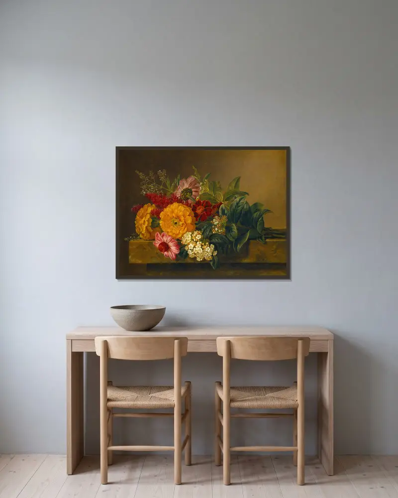 Flowers In A Vase On A Marble Tabletop av Johan Laurentz Jensen inramad på en vägg