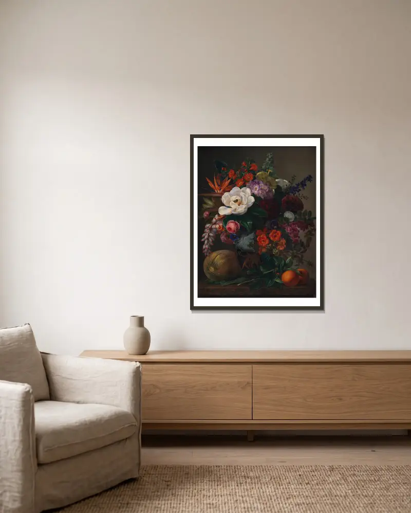 Flowers In A Vase av Johan Laurentz Jensen inramad på en vägg