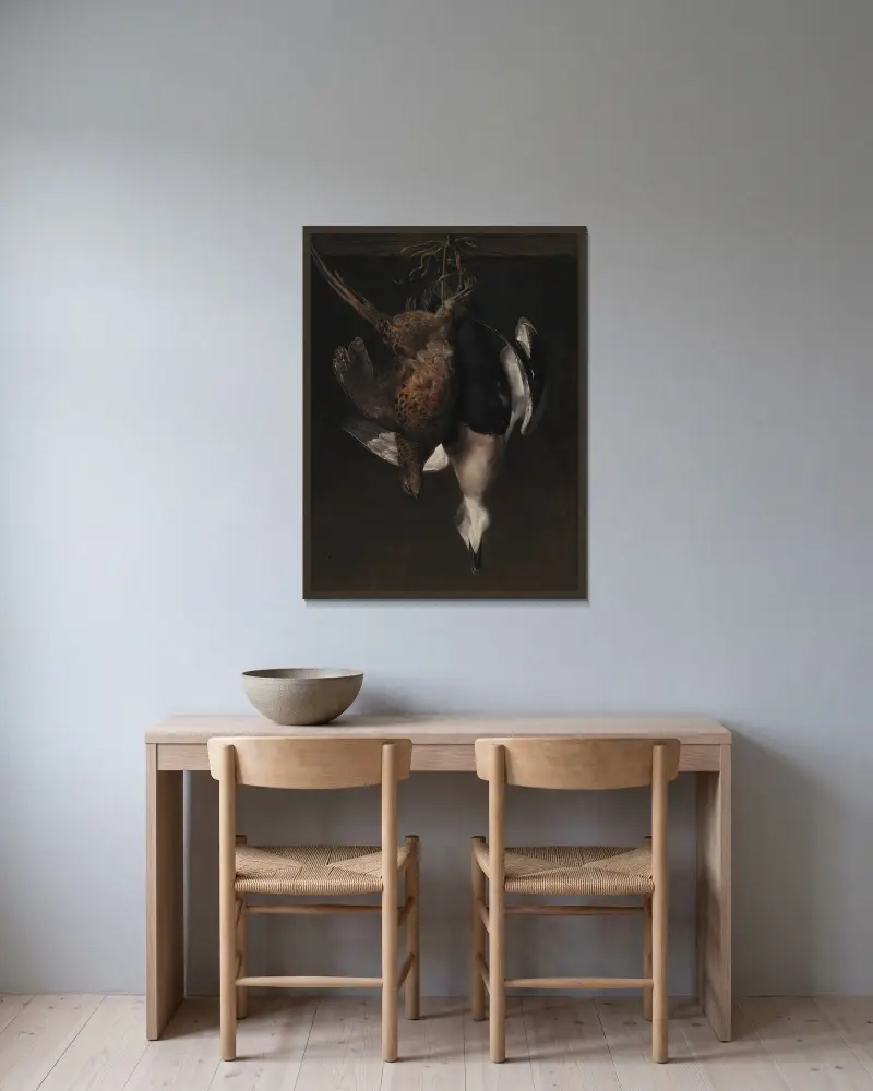 Game. A Pheasant And An Eider av Johan Laurentz Jensen inramad på en vägg