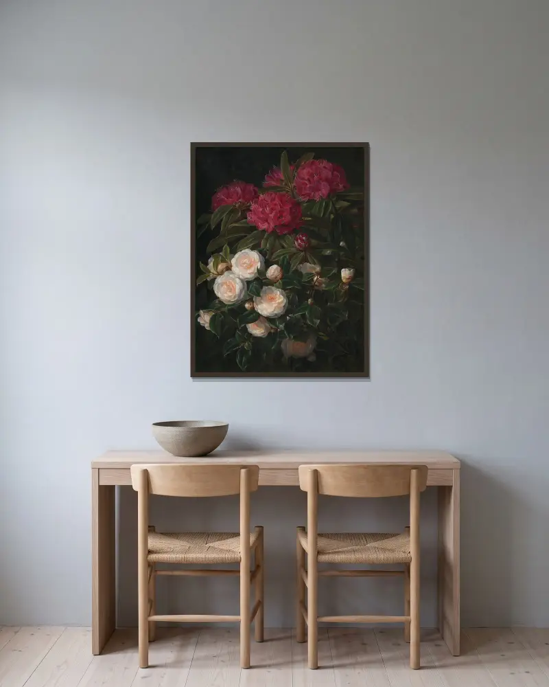 Kamelier Og Rhododendron av Johan Laurentz Jensen inramad på en vägg