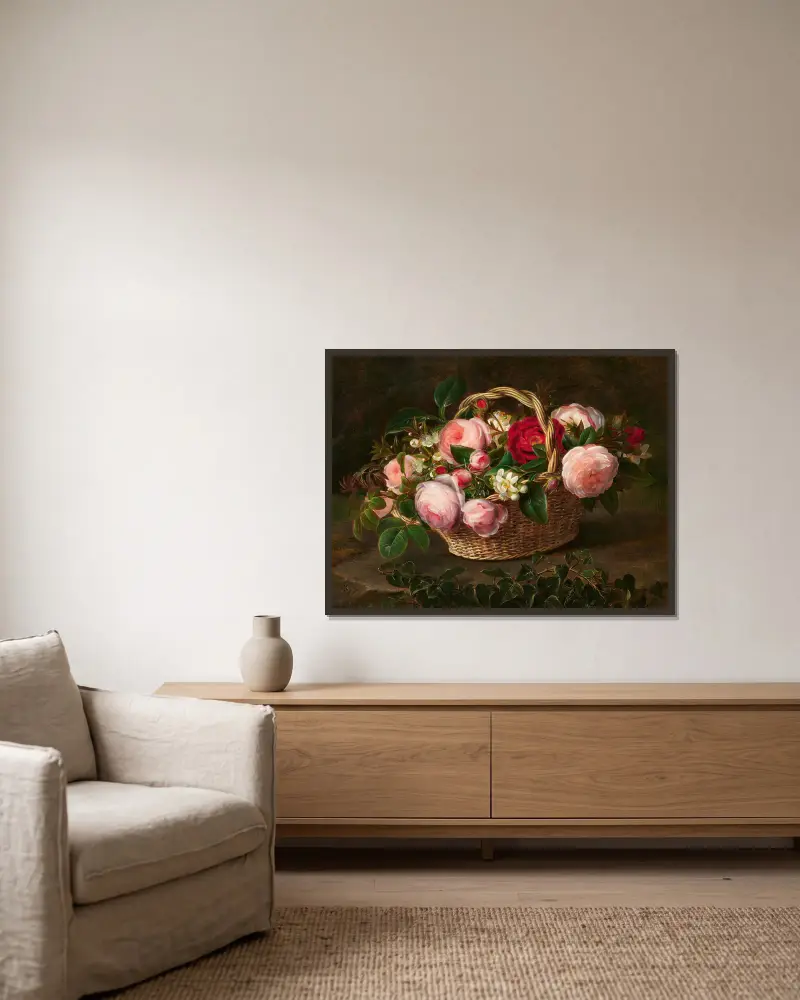 Korg med rosor och äppelblommor av Johan Laurentz Jensen inramad på en vägg