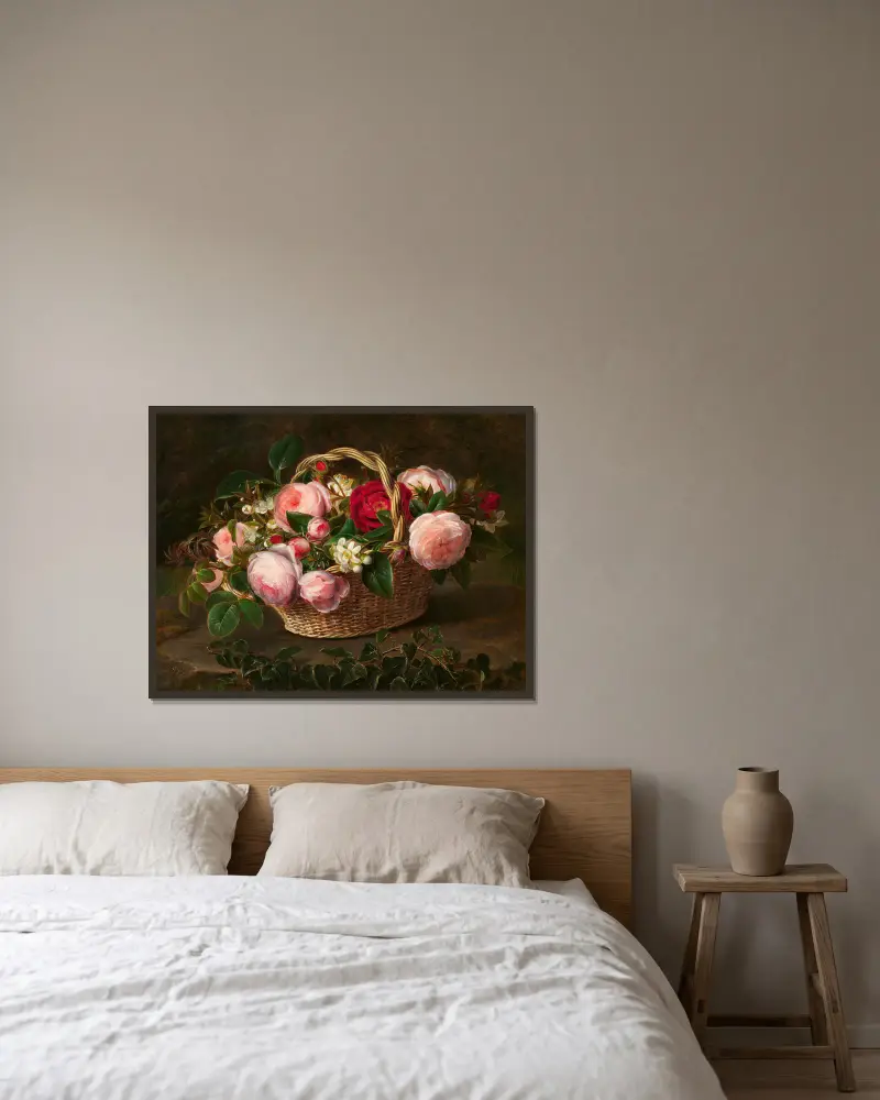 Korg med rosor och äppelblommor av Johan Laurentz Jensen inramad på en vägg