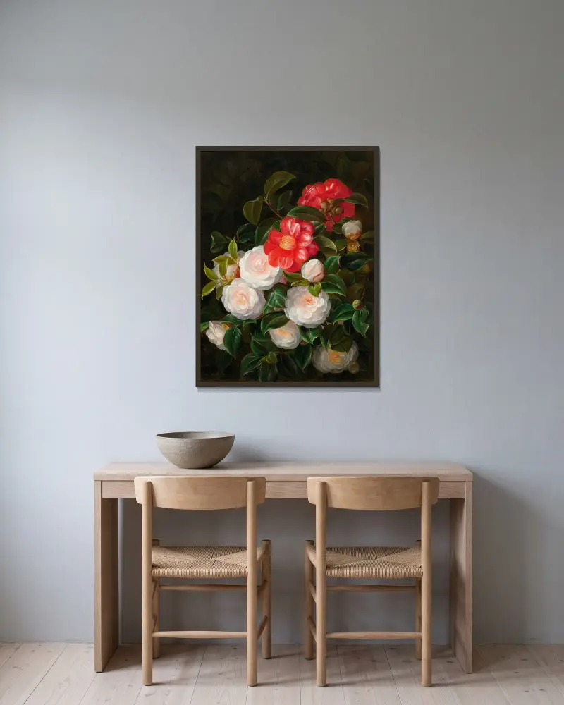Red and white camellias av Johan Laurentz Jensen inramad på en vägg