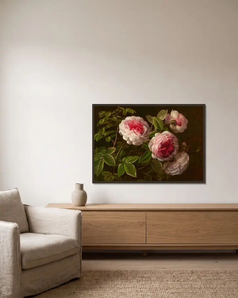 Rosafarbene Rosen av Johan Laurentz Jensen inramad på en vägg