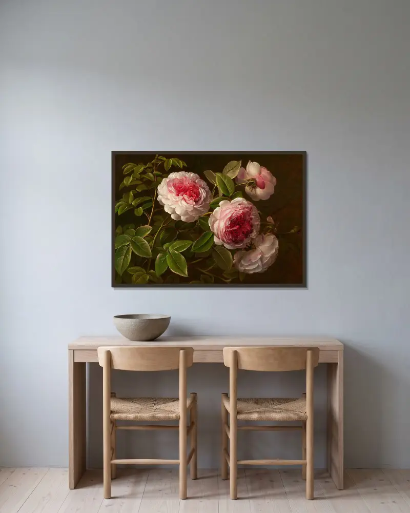 Rosafarbene Rosen av Johan Laurentz Jensen inramad på en vägg