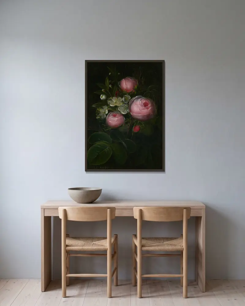 Roser og blomstrende Myrther – nr 2 av Johan Laurentz Jensen inramad på en vägg