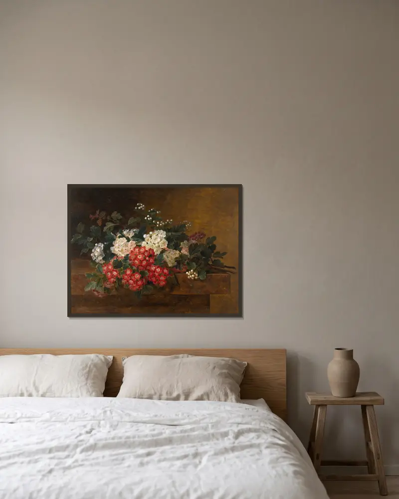 Still Life with Hawthorn Blossom av Johan Laurentz Jensen inramad på en vägg