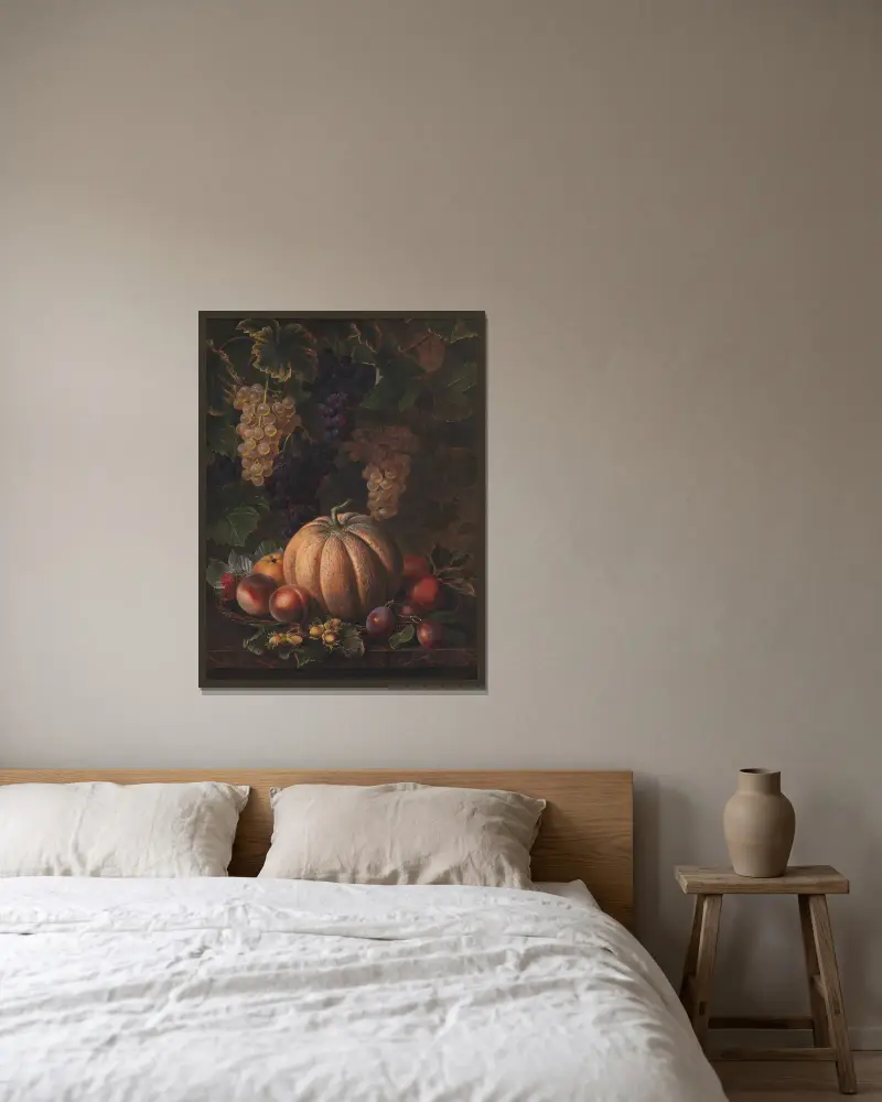 Olika frukter, bland annat melon och druvor av Johan Laurentz Jensen inramad på en vägg