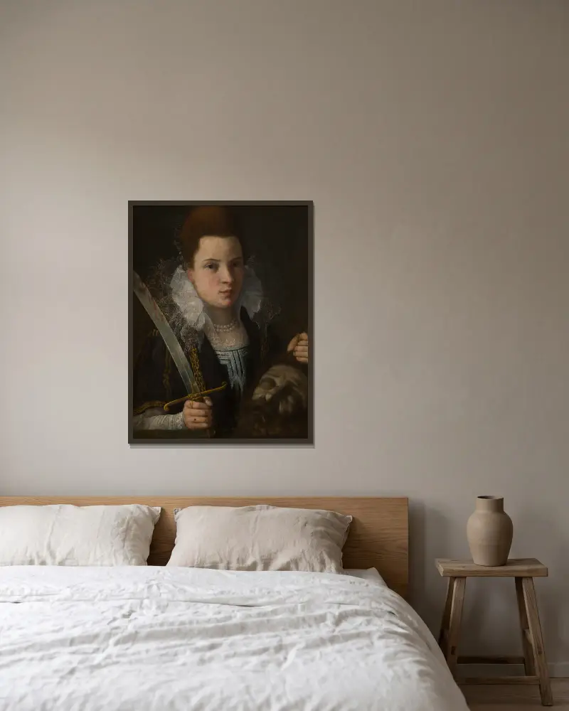 Judith with the Head of Holofernes av Lavinia Fontana inramad på en vägg