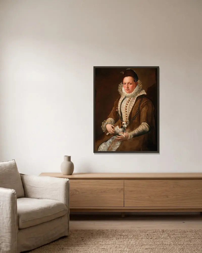 Porträt einer Dame mit Hund von Lavinia Fontana gerahmt an einer Wand