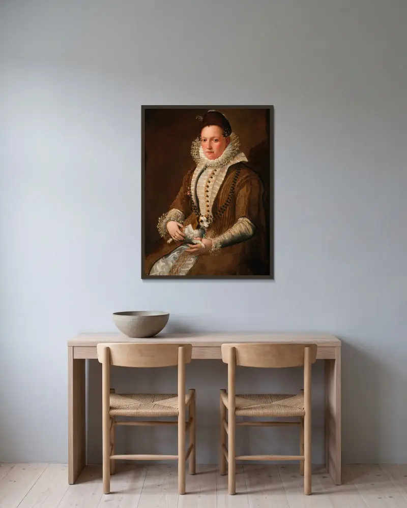 Porträt einer Dame mit Hund von Lavinia Fontana gerahmt an einer Wand