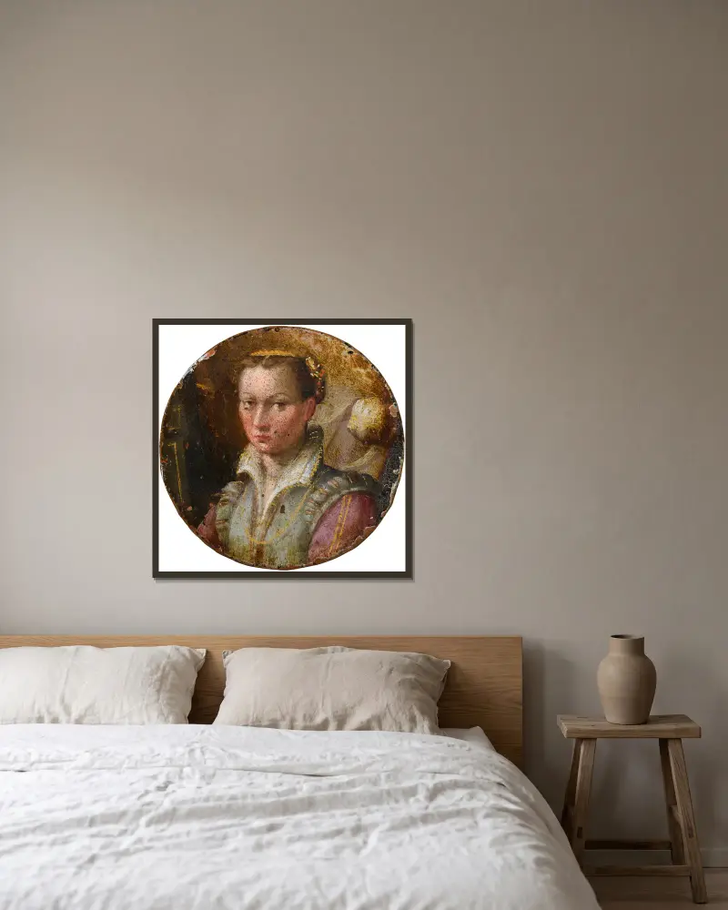 Porträtt av en ung kvinna, halvfigur, i grön klänning med rosa ärmar av Lavinia Fontana inramad på en vägg