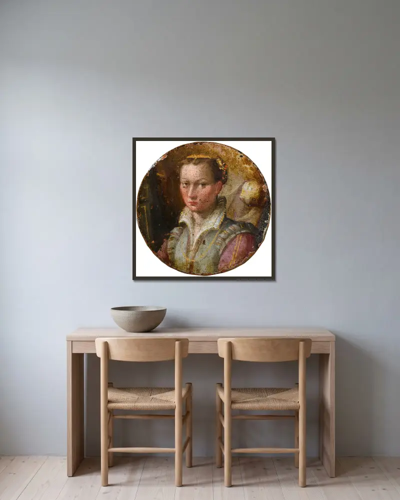 Porträtt av en ung kvinna, halvfigur, i grön klänning med rosa ärmar av Lavinia Fontana inramad på en vägg