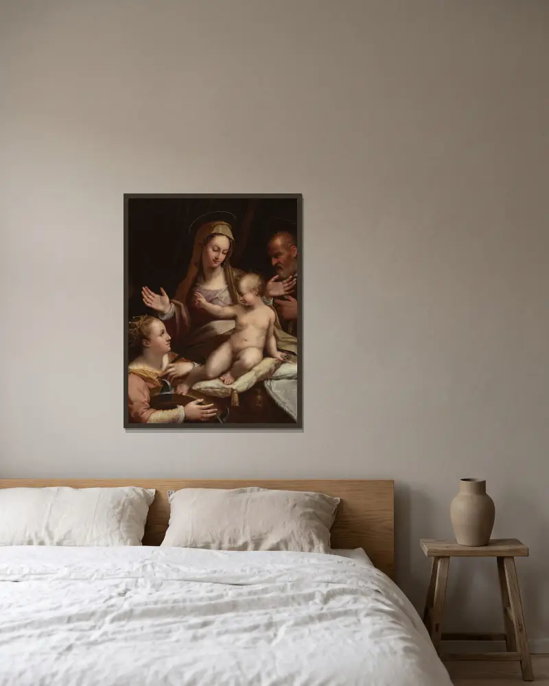 Den heliga familjen med sankta Katarina av Alexandria av Lavinia Fontana inramad på en vägg