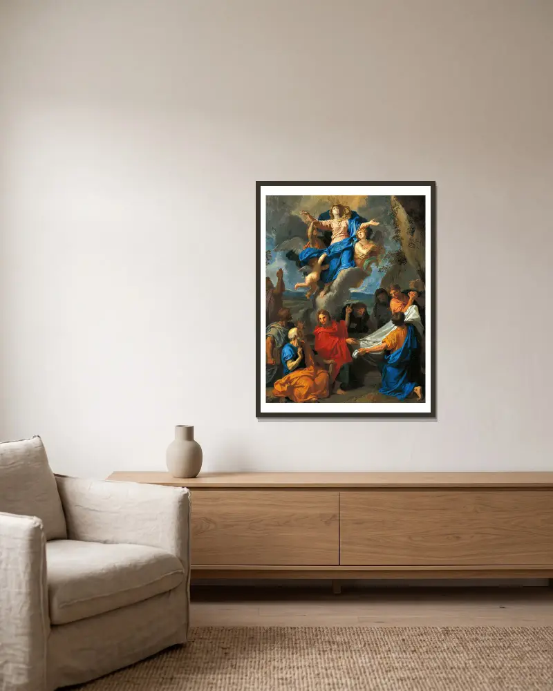 Jungfruns himmelsfärd av Charles Le Brun inramad på en vägg