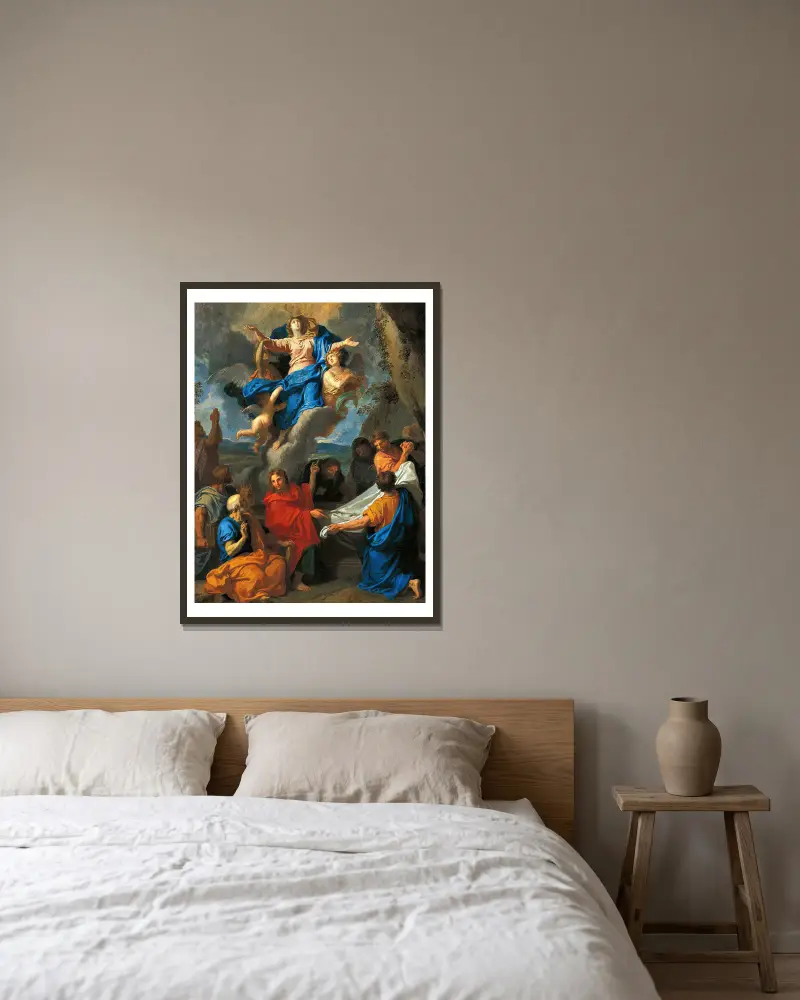 Jungfruns himmelsfärd av Charles Le Brun inramad på en vägg