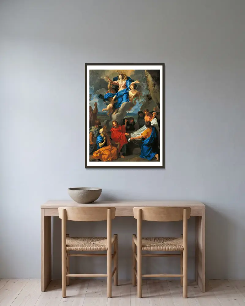 Jungfruns himmelsfärd av Charles Le Brun inramad på en vägg
