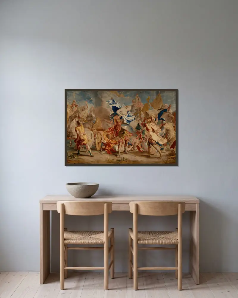 Kampf zwischen Menelaos und Paris von Charles Le Brun gerahmt an einer Wand