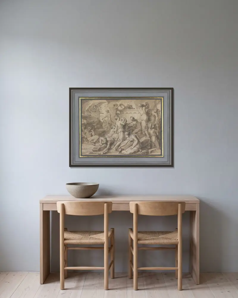 Das Fass der Danaiden in der Unterwelt von Charles Le Brun gerahmt an einer Wand