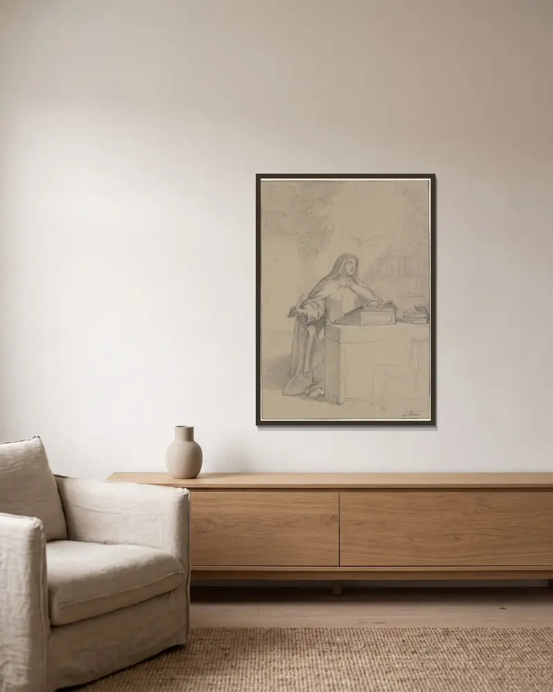 Die heilige Lucilia, vom Heiligen Geist inspiriert, an ihrem Pult schreibend von Charles Le Brun gerahmt an einer Wand