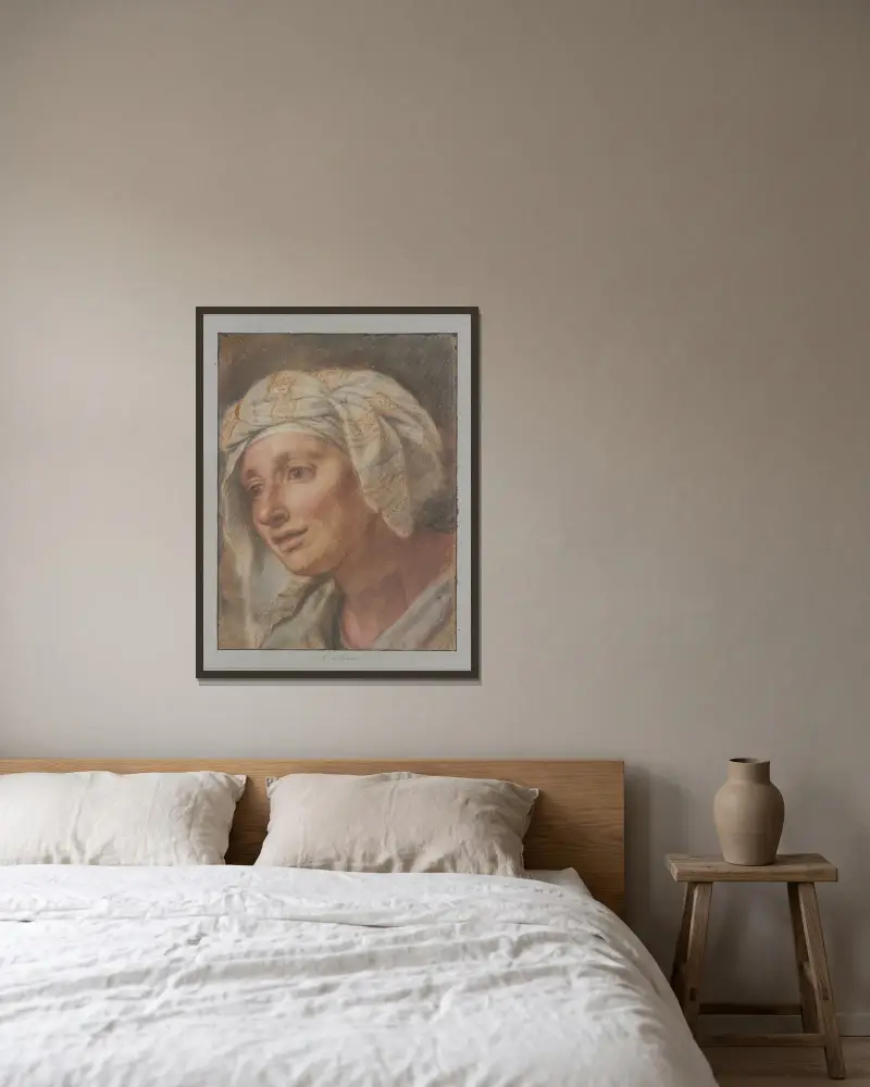 Drottning med huvudduk ur 'Drottningarna vid Alexander den stores fötter' av Charles Le Brun inramad på en vägg