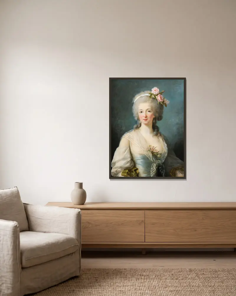 Porträtt av en dam, påstått föreställande Jeanne de Valois, grevinna de la Motte av Elisabeth Louise Vigée Le Brun inramad på en vägg