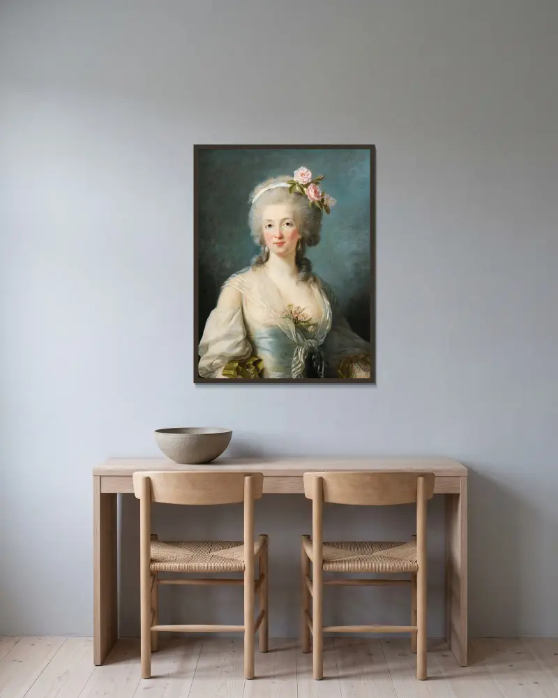 Porträtt av en dam, påstått föreställande Jeanne de Valois, grevinna de la Motte av Elisabeth Louise Vigée Le Brun inramad på en vägg