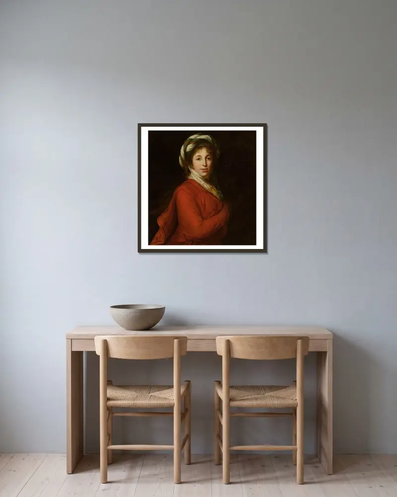 Porträtt av en kvinna i turban av Elisabeth Louise Vigée Le Brun inramad på en vägg