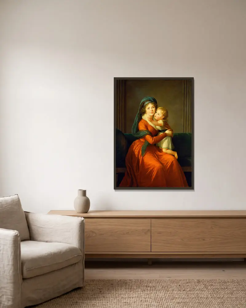 Porträtt av prinsessan Alexandra Golitsyna och hennes son Piotr av Elisabeth Louise Vigée Le Brun inramad på en vägg