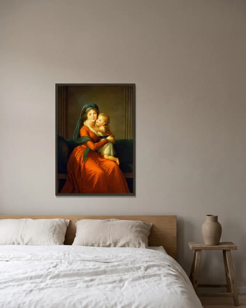 Porträtt av prinsessan Alexandra Golitsyna och hennes son Piotr av Elisabeth Louise Vigée Le Brun inramad på en vägg