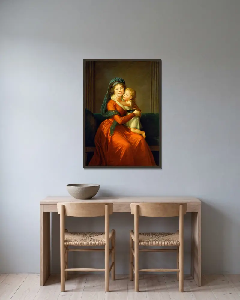 Porträtt av prinsessan Alexandra Golitsyna och hennes son Piotr av Elisabeth Louise Vigée Le Brun inramad på en vägg