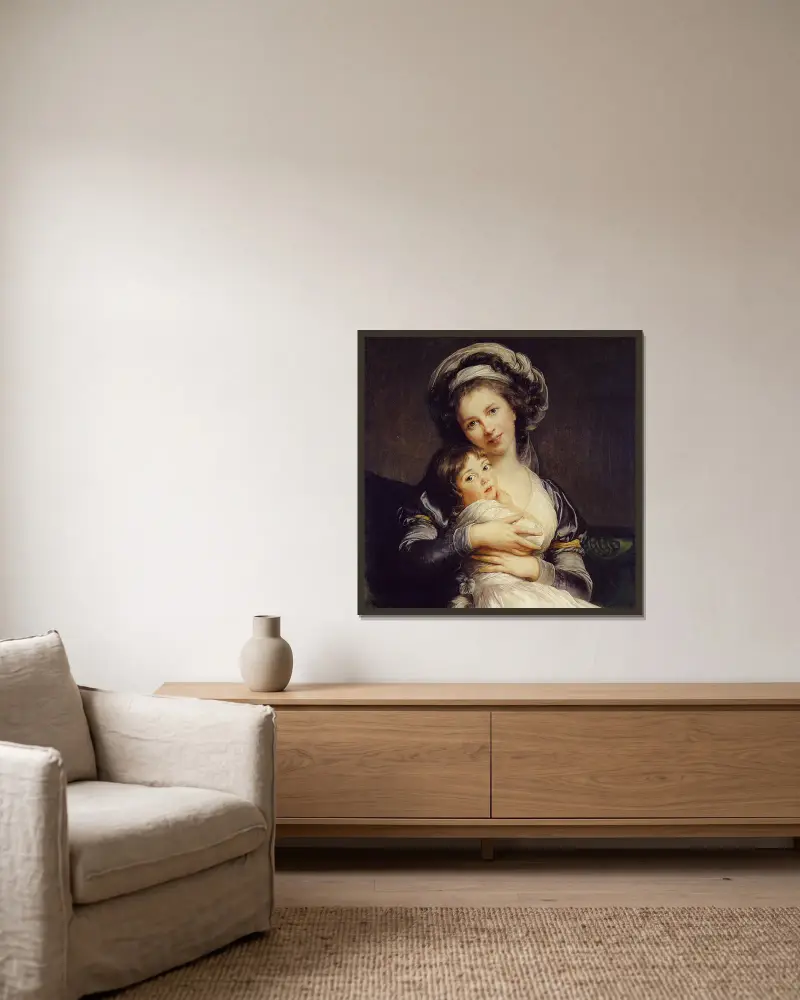 Självporträtt med sin dotter Julie (Jeanne Julie Louise) av Elisabeth Louise Vigée Le Brun inramad på en vägg