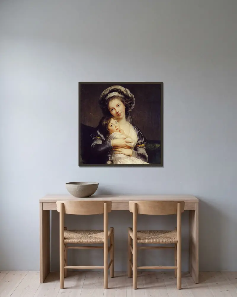 Självporträtt med sin dotter Julie (Jeanne Julie Louise) av Elisabeth Louise Vigée Le Brun inramad på en vägg