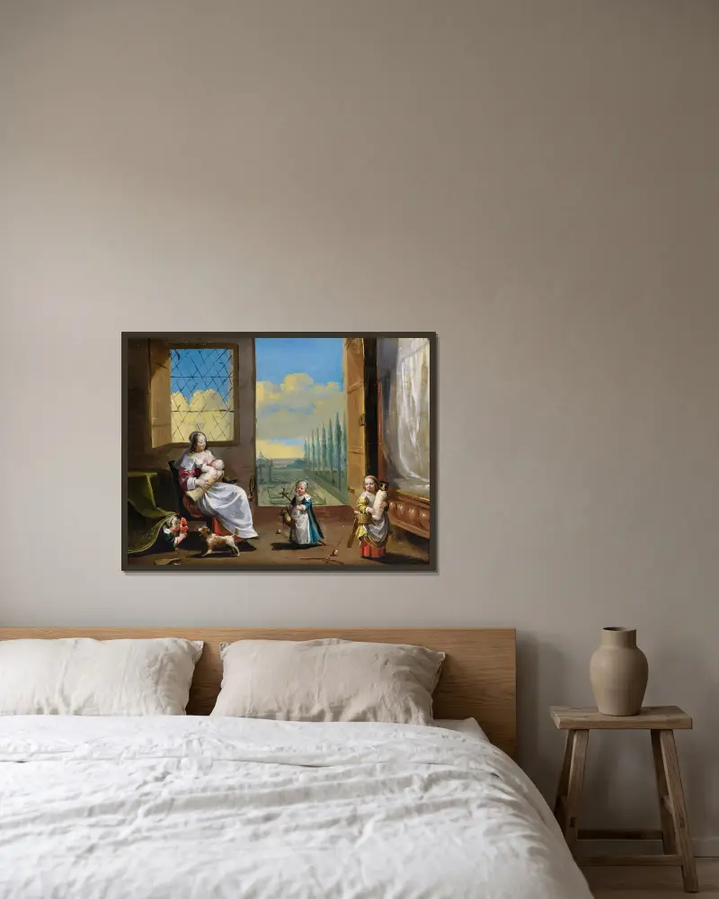 Die Allegorie der Kindheit von Charles Le Brun gerahmt an einer Wand