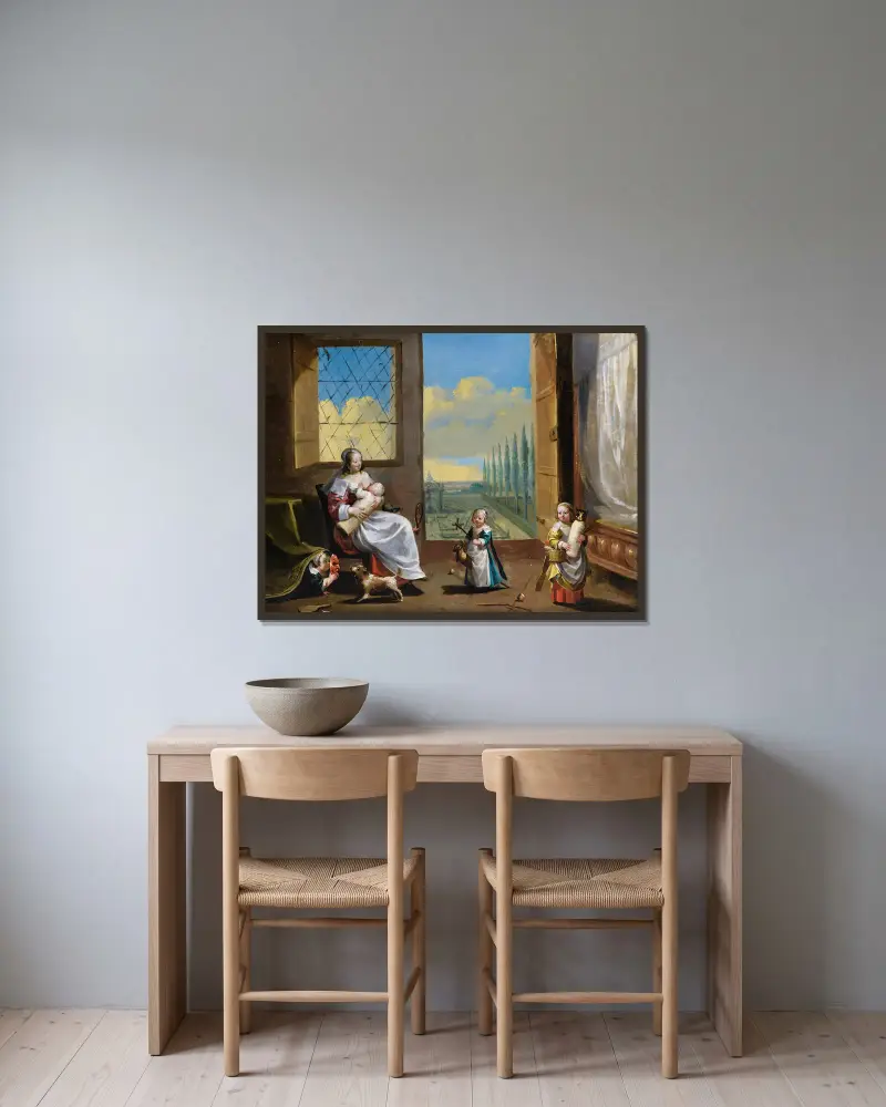 Die Allegorie der Kindheit von Charles Le Brun gerahmt an einer Wand