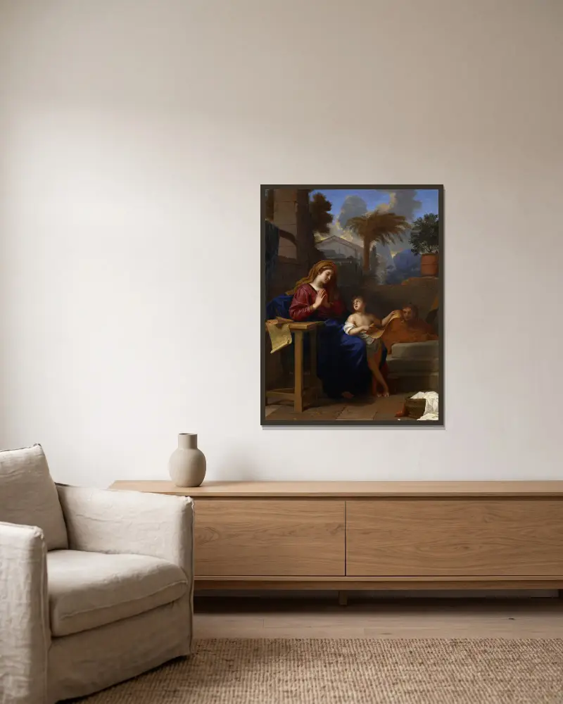 Den heliga familjen i Egypten av Charles Le Brun inramad på en vägg