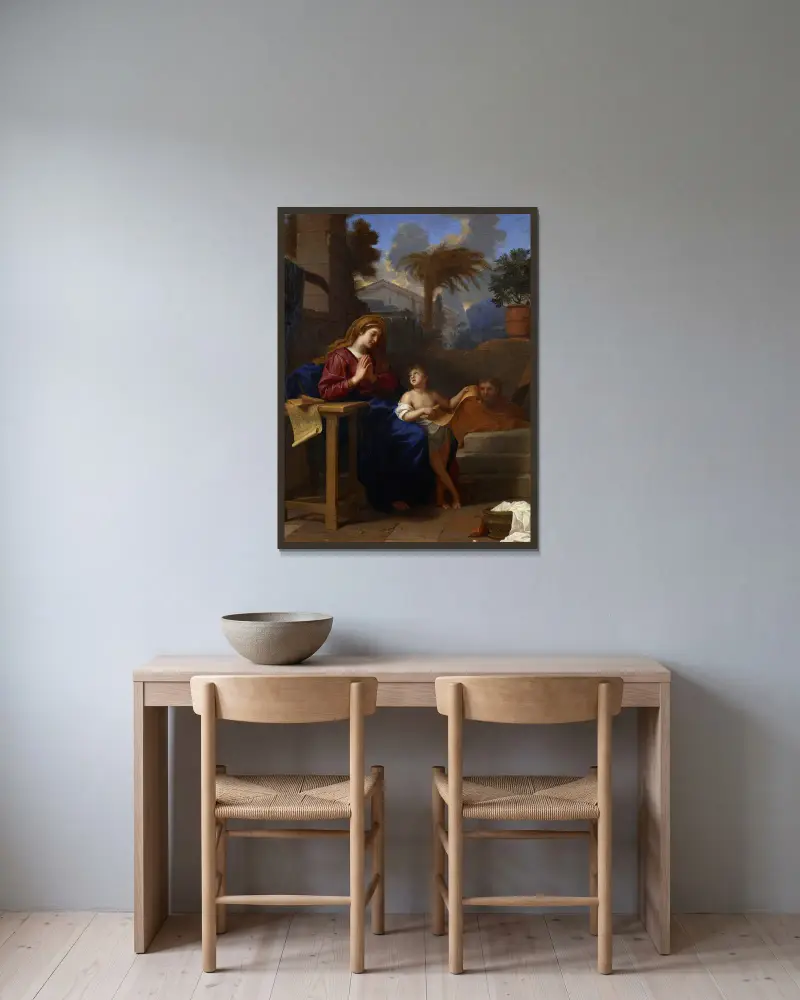 Den heliga familjen i Egypten av Charles Le Brun inramad på en vägg
