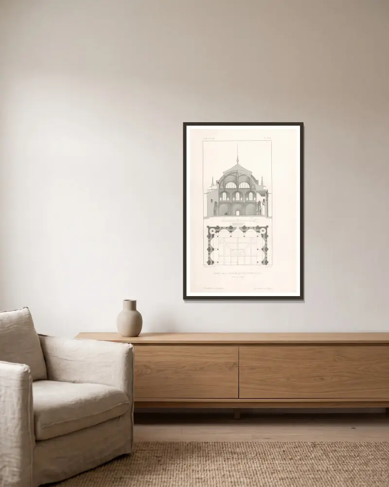 Grande salle (système de structure russe). — Plan et coupe av Eugène-Emmanuel Viollet-le-Duc inramad på en vägg
