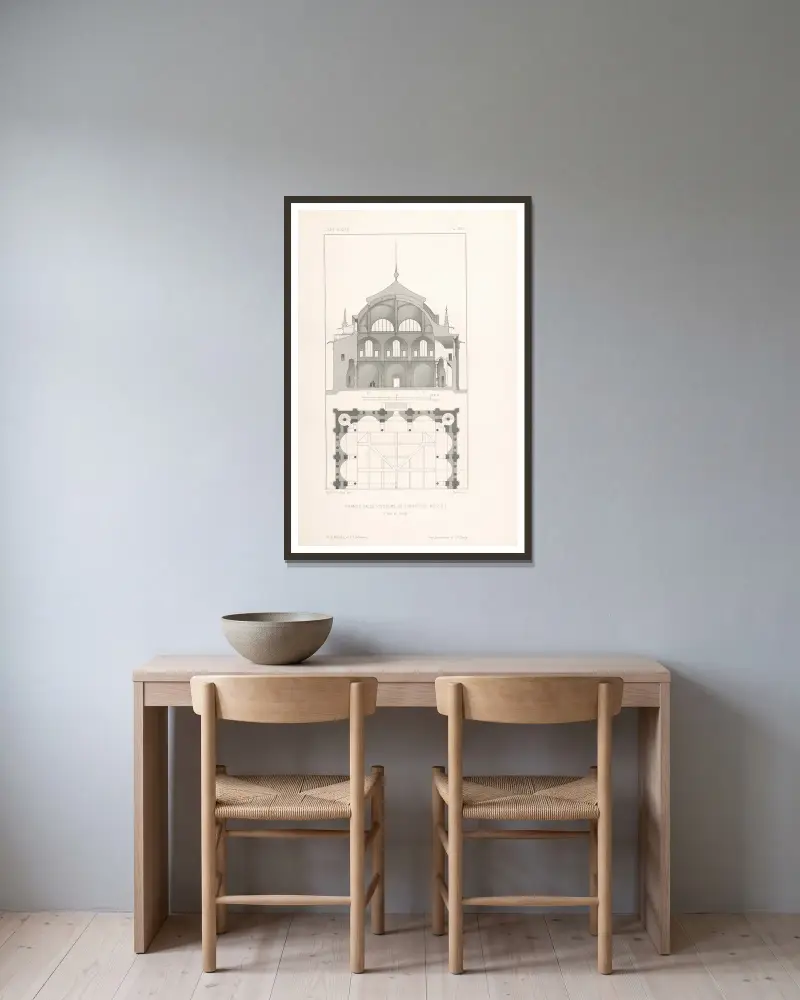 Grande salle (système de structure russe). — Plan et coupe av Eugène-Emmanuel Viollet-le-Duc inramad på en vägg
