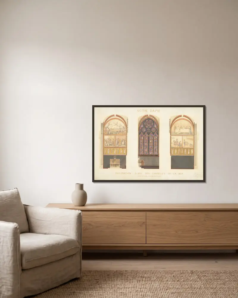 Plan för renovering av ett kapell i långhuset i Notre-Dame-katedralen, Paris av Eugène-Emmanuel Viollet-le-Duc inramad på en vägg