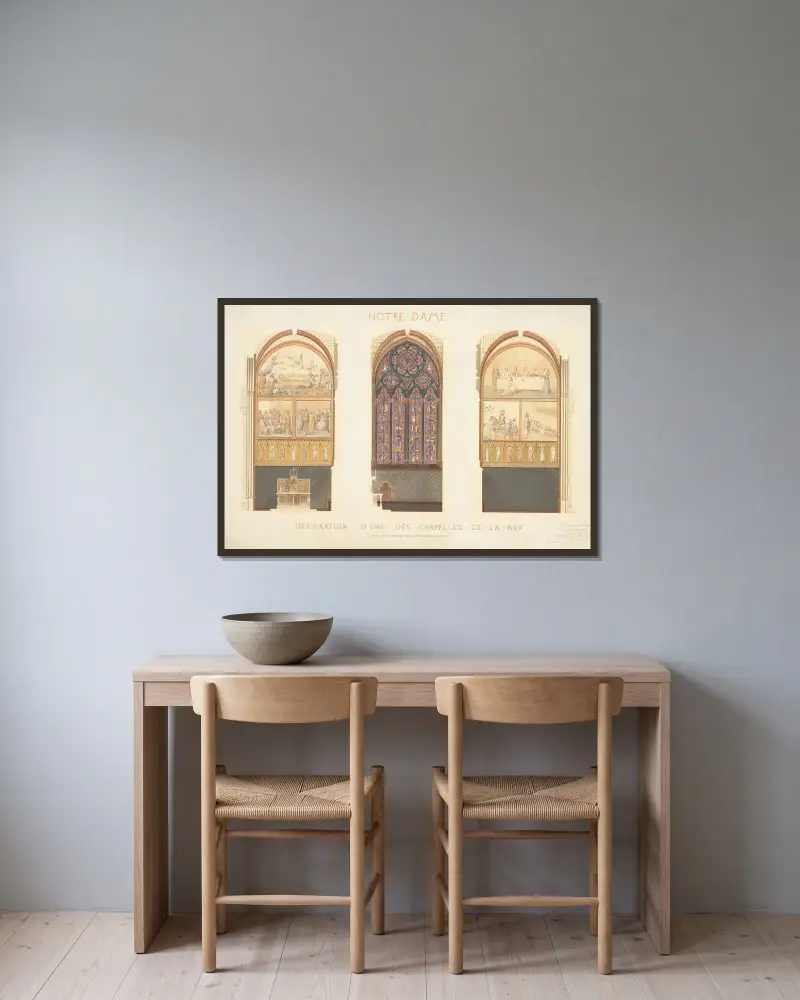 Plan för renovering av ett kapell i långhuset i Notre-Dame-katedralen, Paris av Eugène-Emmanuel Viollet-le-Duc inramad på en vägg