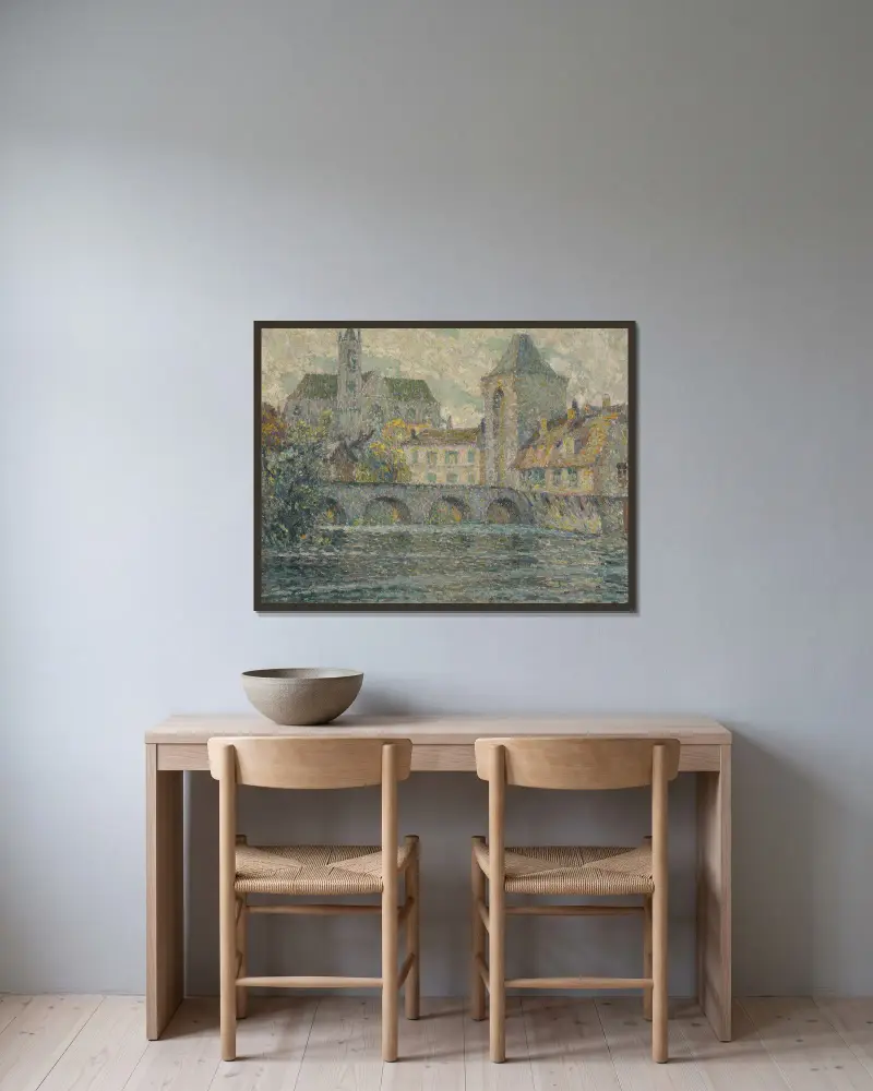 L’Église et le pont av Henri Le Sidaner inramad på en vägg