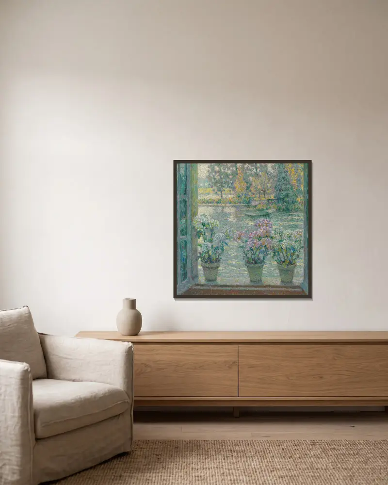 Les Hortensias av Henri Le Sidaner inramad på en vägg