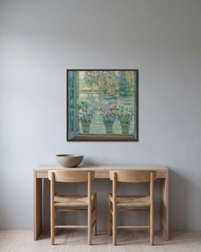 Les Hortensias av Henri Le Sidaner inramad på en vägg