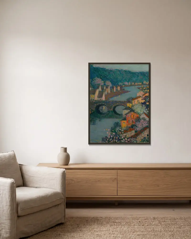 Les Maisons Sur La Rivière av Henri Le Sidaner inramad på en vägg
