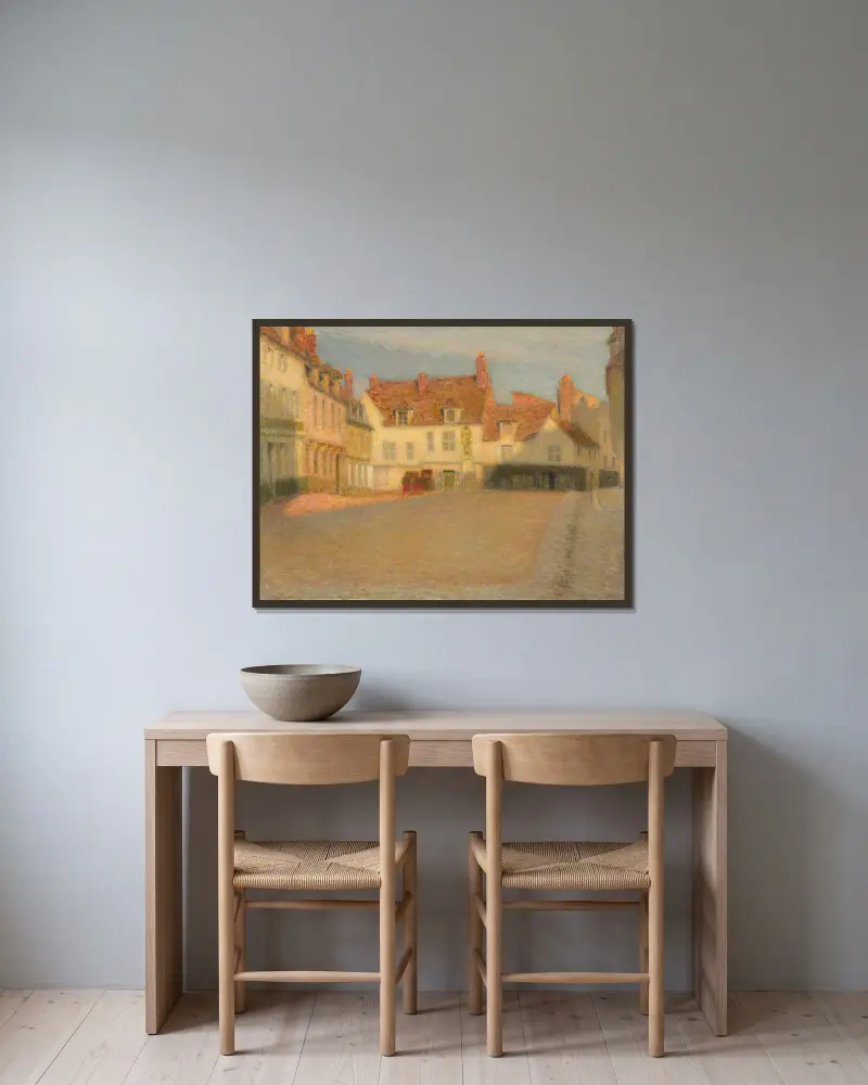 Liten plats i solnedgång av Henri Le Sidaner inramad på en vägg