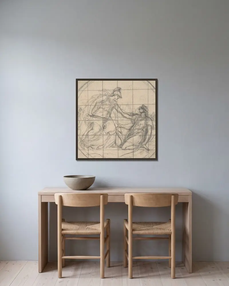 Design för en medaljong; jägarinna knäböjande inför en beväpnad gudinna av Eustache Le Sueur inramad på en vägg