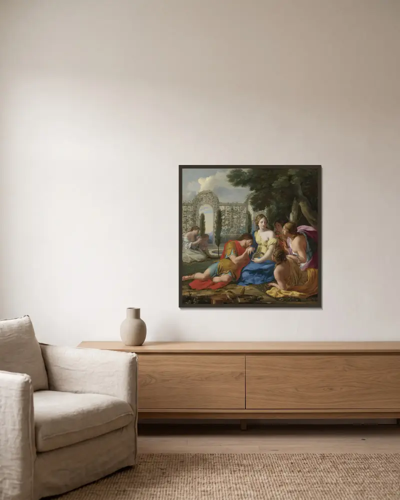 Polyphilus och Polia med nymfer på Kythera av Eustache Le Sueur inramad på en vägg